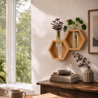 Vase mural hexagonal en bambou pour plantes, support de propagation hydroponique en verre, vente en gros, OEM ODM, personnalisable, mini format