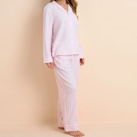 Ensemble de vêtements de détente à carreaux avec boutons sur le devant pour femmes, pantalon de nuit à manches longues, cadeau pour filles