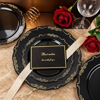 Assiettes jetables robustes noires et dorées 10,25" 7,5" avec bordure en dentelle gaufrée, en plastique, pour dîner, pour fêtes d'Halloween et mariages