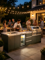 Cocina Exterior Moderna para Asados, Todo en Uno, de Acero Inoxidable 304, con Parrilla Profesional, Fregadero, Grifo y Refrigerador Integrado, a Gas Natural