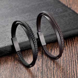Gelang kulit Pasangan Pria, perhiasan grosir baru gelang tali kulit baja nirkarat - Product Image 3