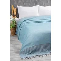 Couverture de lit et paréo en tissu de coton tissé Pestamal pour lit double, pique-nique, plage, beige, gris foncé, bleu gris, motif carreaux, moutarde