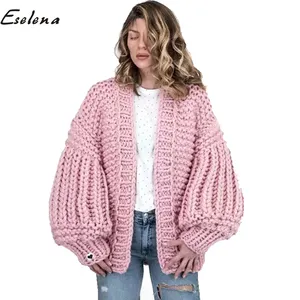 factory custom solid color Lantern sleeve thick wool hand knit sweater coat women handmade crochet plush cardigan