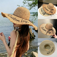 Chapeau de paille à large bord effiloché, broderie personnalisée, nœud décoratif, pliable, respirant, pour femme, été, plage, protection solaire, vente en gros