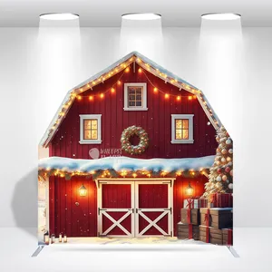 7x7ft Nostalgischer Weihnachts-Hintergrund mit rotem Scheunenmotiv, 32mm Hochleistungs-Aluminium-Pentagonaler Bogen, Festtags-Fotobox-Hintergrundständer - Product Image 1