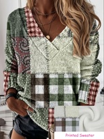 Pull tricoté patchwork pour femme 2026, imprimé vintage Paisley à carreaux, col en V, manches longues, 100 % polyester, motif numérique