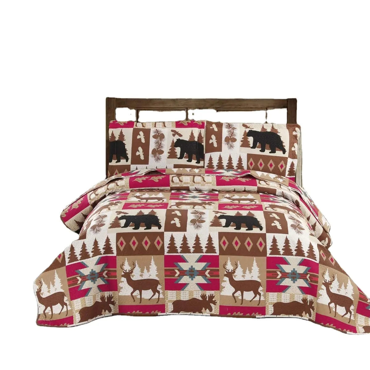 Rustic Cabin Bedding Cover Reversible Coverlet Moose Deer Wildlife Patchwork Plaid Quilts Set Black Bear Country Decor