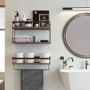 2 + 1 단 벽걸이 부동 선반 2 개 세트 티슈 랙 & 타월 바 소박한 나무 선반 - Product Image 6