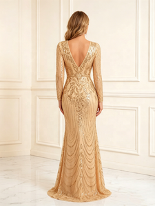 <span class=keywords><strong>Robe</strong></span> de soirée sirène à sequins dorés, col en V, manches longues, longueur au sol - Product Image 3