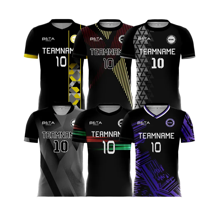 Conception personnalisée Logo Taille Noir Football Uniforme Club Équipe Football Uniforme Top Qualité Football Maillots T Shirt