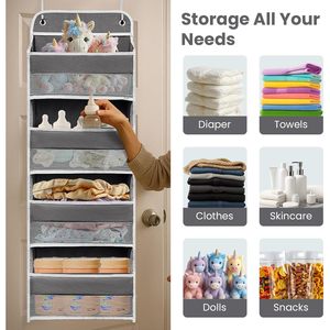 Organisateur à suspendre derrière la porte, 4 étagères, 4 poches latérales, support de rangement robuste pour vêtements et jouets, fixation murale à crochets. - Product Image 6
