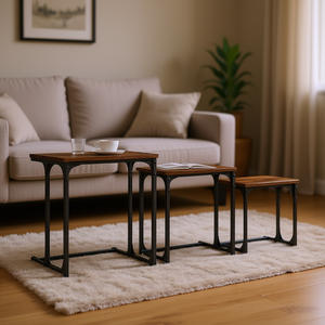 <b>Nesting</b> Coffee <b>Table</b> Set Brown Engineered Wood Metal Frame Industrial Modern Living Room Furniture - Product Image 2