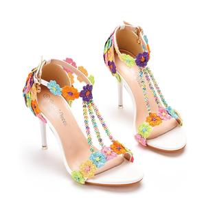 9cm New Fashion High Heel <b>Sandals</b> Bridesmaid Wedding Line <b>Buckle</b> Ethnic Style Colorful Lace Roman <b>Sandals</b> <b>Woman</b> - Product Image 4