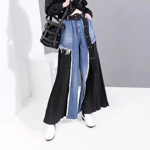 <span class=keywords><strong>Les</strong></span> Cowboys Jeans en denim à jambe large pour femmes Loose High Waist Breathable Washed Blue Pleated Black Button Decoration Vaqueros Fit - Product Image 1