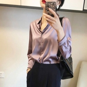 长袖缎面垂坠凉爽纯色衬衫女式休闲衬衫上衣时尚 - Product Image 2