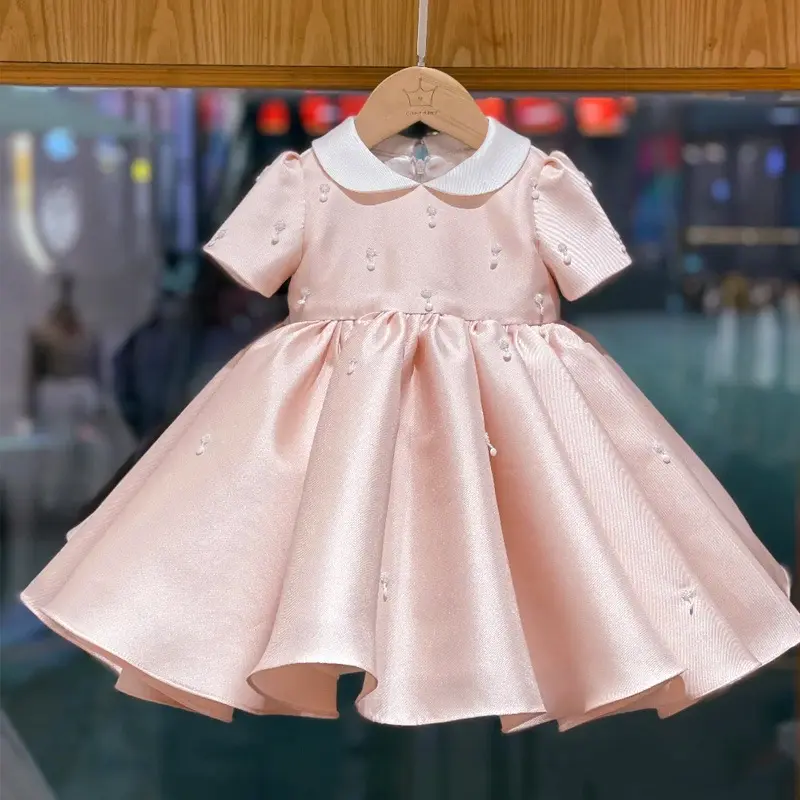 Gaun pesta bayi perempuan kecil Oem, pakaian pernikahan, gaun anak perempuan bunga merah muda