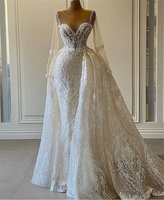 Abito da sposa Dubai con paillettes e coda staccabile brillante abito da sposa a tromba a maniche lunghe con scollo a barchetta
