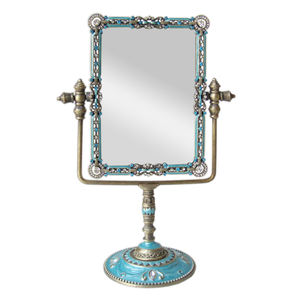 <span class=keywords><strong>Espejo</strong></span> de Mesa Rectangular con Marco de Aleación Metálica, Esmaltado a Mano en Azul Latón Antiguo y Adornado con Perlas - Product Image 1