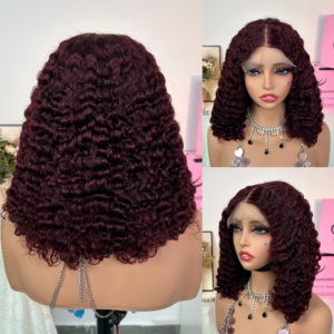 Precio al por mayor: Peluca de lujo 5x5 con cierre, cabello humano virgen birmano rizado color vino, sin pegamento, negro. - Product Image 4