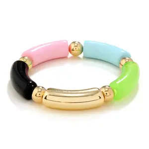 Chunky Tube Bracelet Colorful Curved Resin Stretch Bracelet Gold Stacking Bangles Acrylic Beads Stretchable Friendship Bracelets