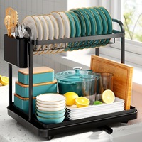 Rak Pengering Piring 2 Tingkat untuk Meja Dapur dengan Alas Tirisan & Tempat Peralatan Makan