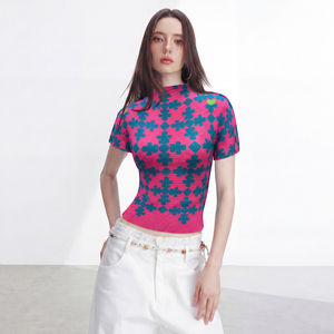 Short Sleeve Loose Fit Women's Knitted Chiffon Turtleneck Crop Top Geometric Flowers <b>Y2K</b> Eco-Friendly Vintage Breathable Spring - Product Image 2