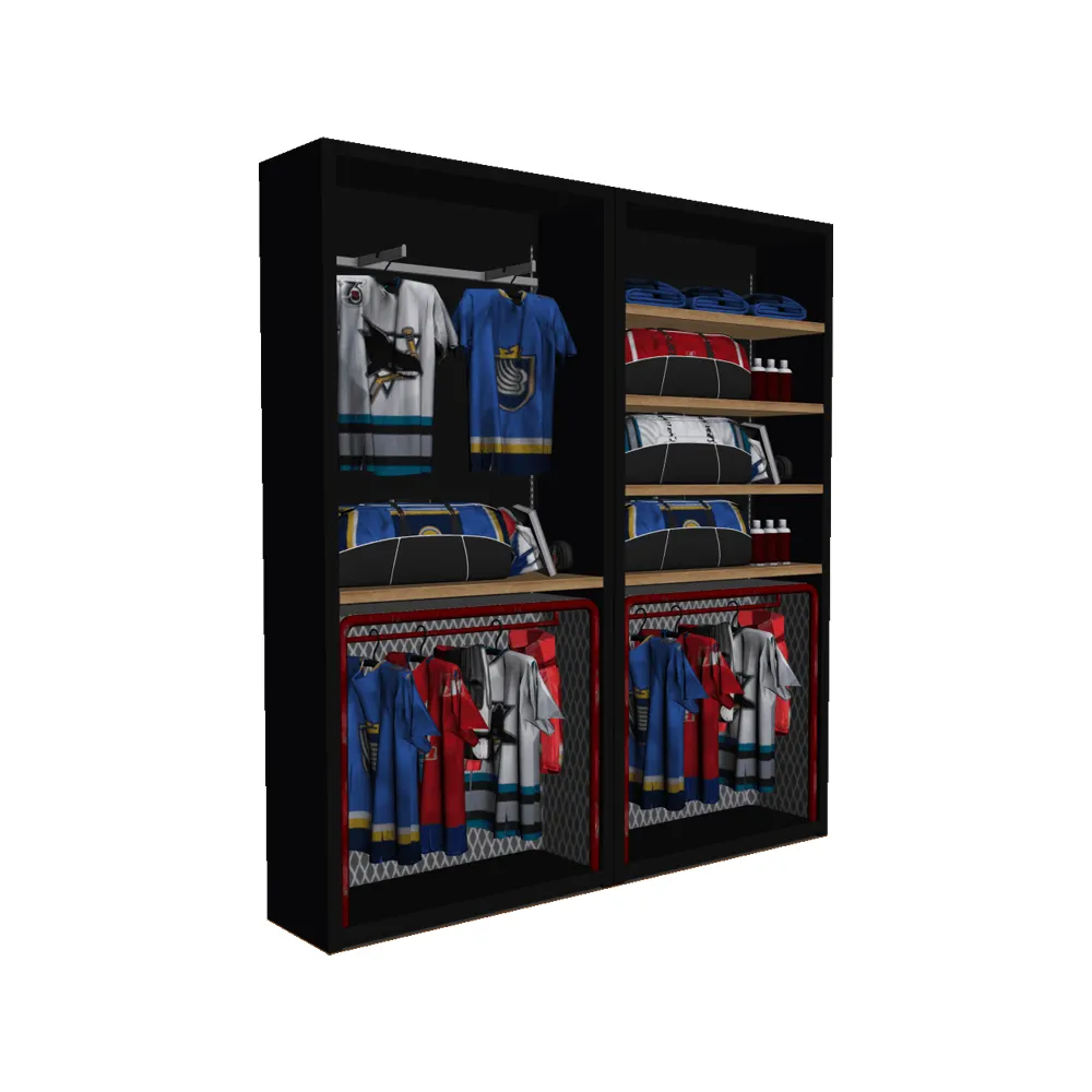 Professionelle Eis Hockey Einzelhandel Shop Innen Showroom Tailor Design Display Slatwall Ice Hockey Stick Rack Display Leuchte