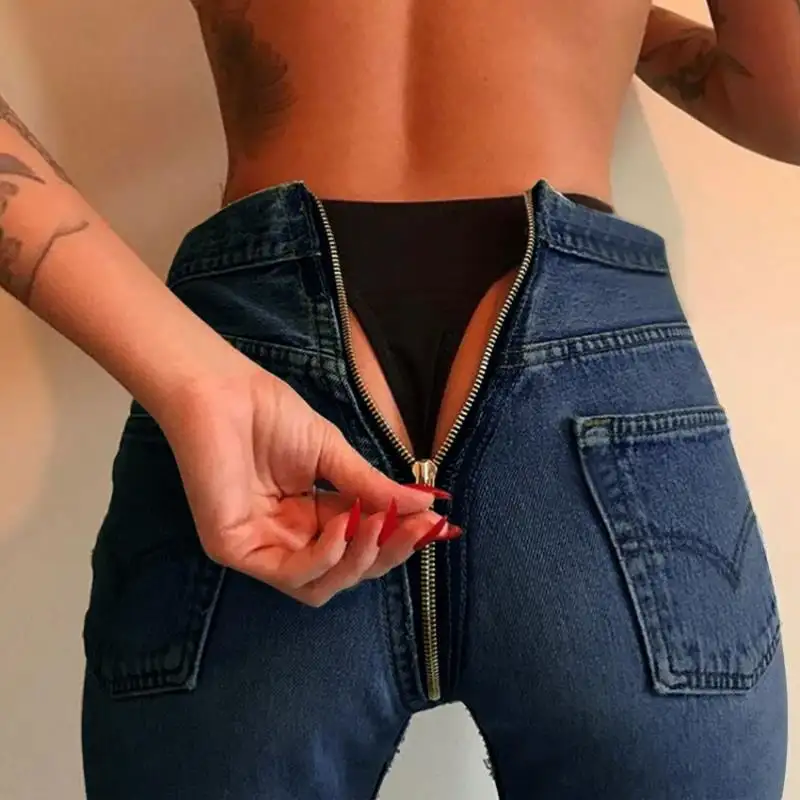 Voltar zíper cintura alta jeans skinny mulheres denim calças jeans apertadas