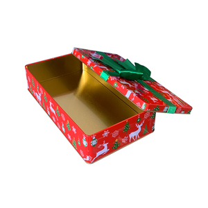 Hot Sales Holiday Gift Packaging Rectangular Metal Box Cookie Christmas Tin With Bowknot