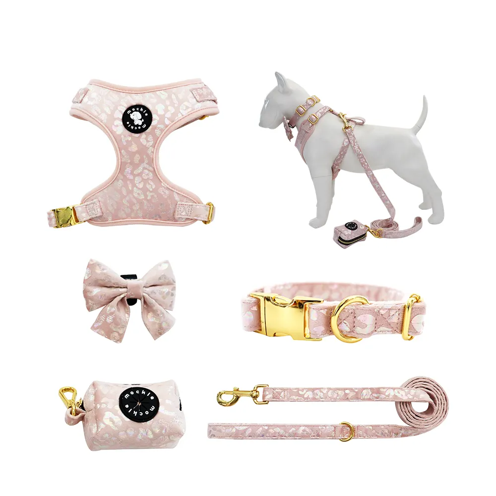 Customised Dog Collar Harness Leash Pink Harness Dog Luxury Velvet Dog Harness Custom Logo Adjustable With Metal Buckle