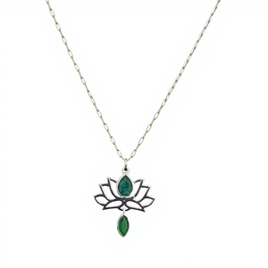 Designer 925 Sterling Silver Lotus Flower <b>Pendant</b> with <b>Emerald</b>, Green Onyx Gemstone Jewelry Wedding Party Wear - Product Image 3