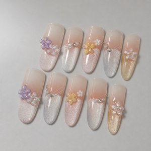 Uñas postizas 3D con diseño de flor y perla, acrílicas, de cobertura completa, con brillo degradado, forma almendrada cuadrada para dedos - Product Image 4