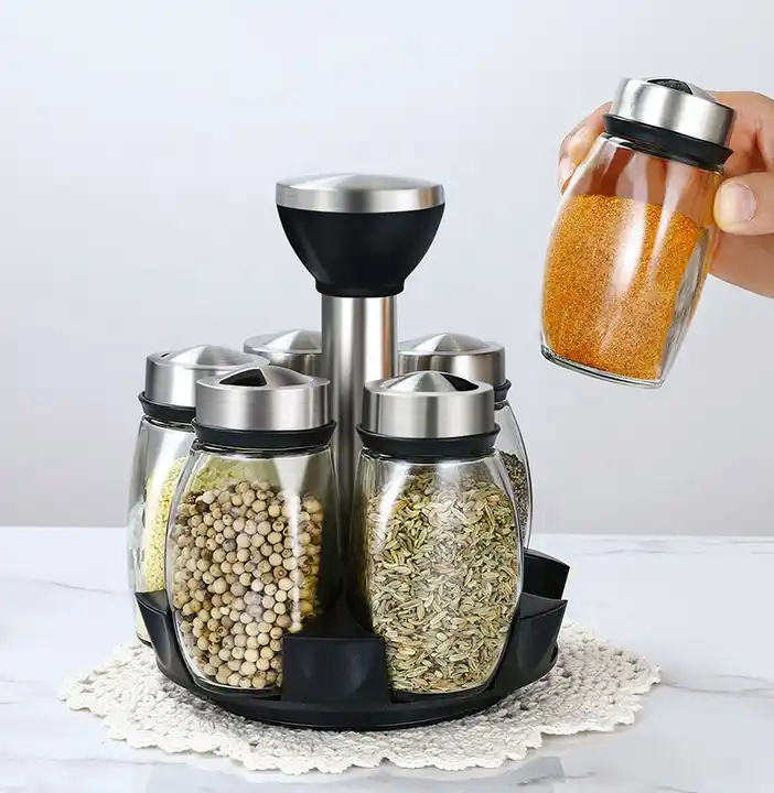 Glass Spice Jar Set With Rotating Lid 6 Piece Shaker Salt Pepper