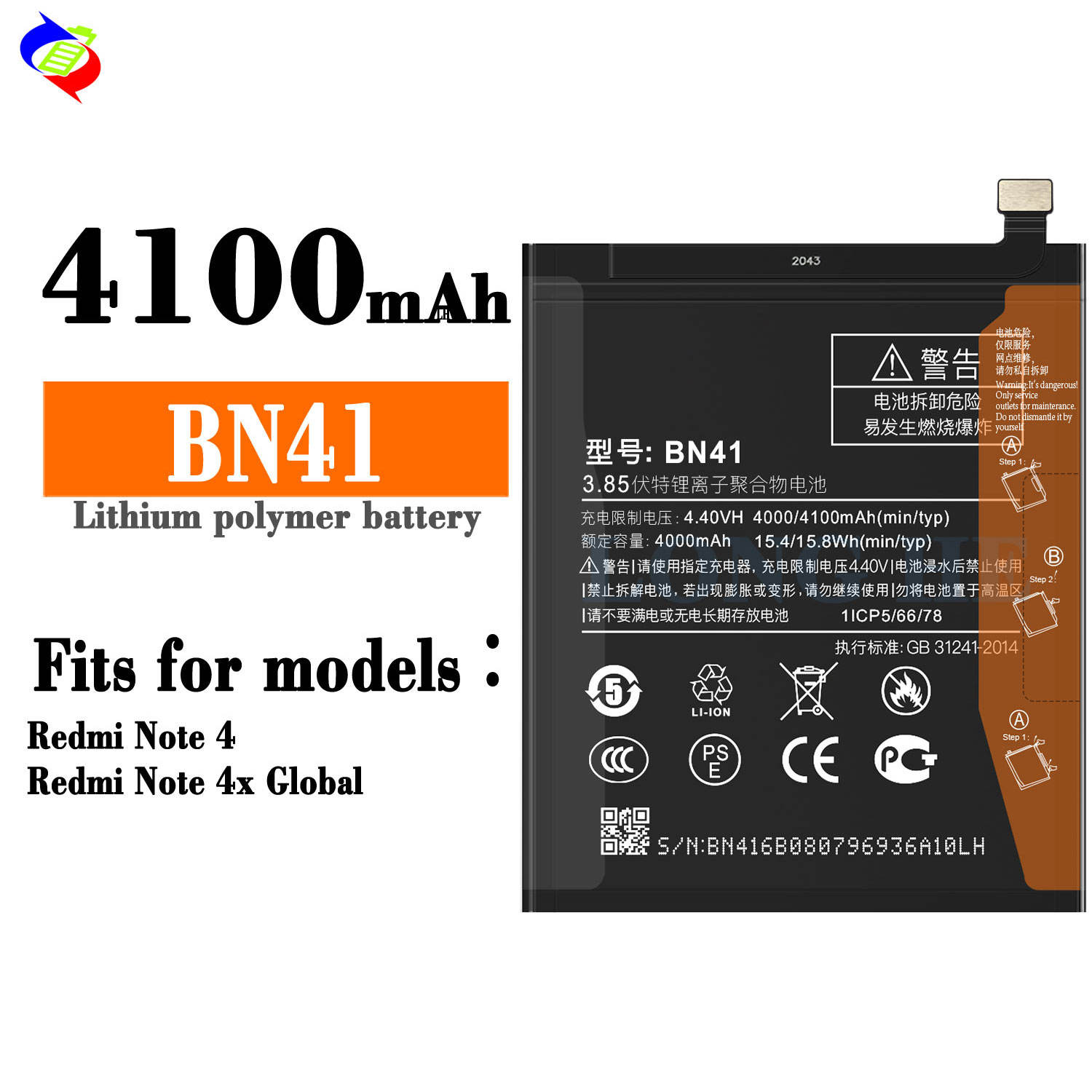 100% Original Capacity 4100mah Battery BN41 for Xiaomi Redmi Note