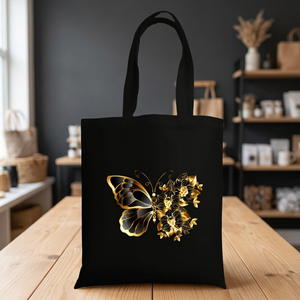 Sac fourre-tout élégant en toile noire minimaliste avec motif floral papillon doré, résistant à l'eau, fermeture magnétique pour le voyage et toutes les occasions - Product Image 4