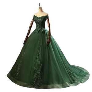 Green Off The Shoulder Evening Gown Empire Waist Long Tulle Dress For Wedding Party Annual Meeting Women - Product Image 2