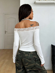 New Solid Color Slim-fit Sexy Stretchy Simple Off-shoulder Lace <b>Patchwork</b> Hollow Out Polyester Long-sleeve Short <b>Top</b> - Product Image 5