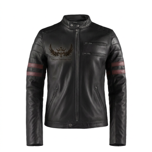 Chaqueta de Moto para Hombre, Negra, de Cuero Genuino, Formal, Resistente al Viento, Ecológica, de Secado Rápido, Servicio OEM, Cierre de Cremallera, Cuello Alto Sólido - Product Image 1