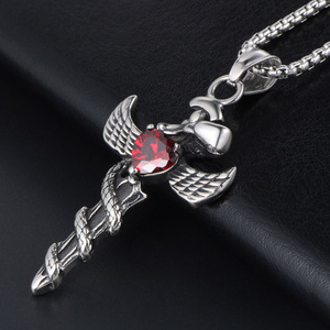 Angel Sword Pendant With Ruby Heart Wing Design <b>Titanium</b> Steel Necklace Charm SP504 - Product Image 3