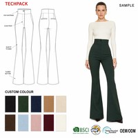 Pantalon évasé personnalisé OEM vert forêt, minimaliste, en crêpe respirant, avec bas évasé, poches plaquées rétro, en fibres recyclées, taille haute