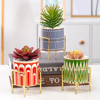Mini Pots de fleurs ronds de jardin en céramique avec support en métal, Pots de fleurs en céramique