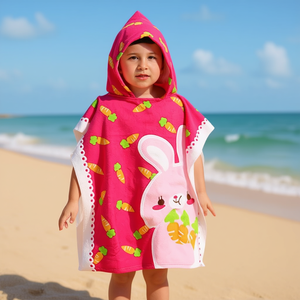 HDJ Kids Bunny Hooded <b>Towel</b> <b>Poncho</b> Pink Carrot Print Quick Dry Terry Fabric One Size Bathrobe For Toddlers - Product Image 2