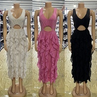 CY901909 Robe Midi Décontractée Sans Manches à Col V Évidé pour Femme, Longue Robe en Mousseline à Volants Femme 2025