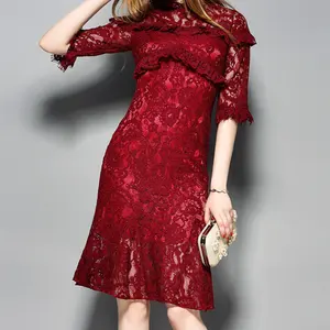 高品质时尚优雅女士女士及膝半袖修身红色蕾丝连衣裙