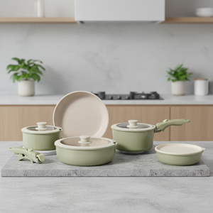 Batterie de cuisine moderne antiadhésive vert avocat en aluminium avec poignée amovible – Ensembles de casseroles très demandés - Product Image 3