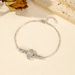 S925 silver Women's Rhodium Plated Chain <b>Bracelet</b> With Diamond Flower Pave Setting Classic Everyday Wear - Product Image 4
