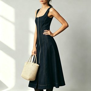 Abito <span class=keywords><strong>midi</strong></span> in denim da donna senza maniche con scollo quadrato e cerniera frontale, vestito casual in denim a trapezio per signore - Product Image 2
