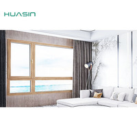 Fenêtre battante moderne Huasin en bois recouvert d'aluminium avec cadre fin, rupture de pont thermique, persienne minimaliste pour usage hôtelier et cuisine
