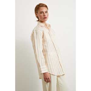 Chemise en modal à rayures contrastées fuchsia unisexe décontractée en popeline boutonnée pour tous les jours - Product Image 6