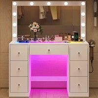 Lampes de coiffeuse LED modernes et durables avec multiprise et grands tiroirs – Table de maquillage en MDF blanc et acier inoxydable pour chambre à coucher et maison